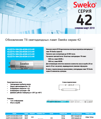 Листовка Обновление Т8 светодиодных ламп Sweko Серия 42 Обновление Т8 светодиодных ламп Sweko Серия 42